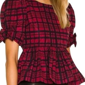 Love Shack Fancy Keily Short sleeve with bows in moody Ruby plaid